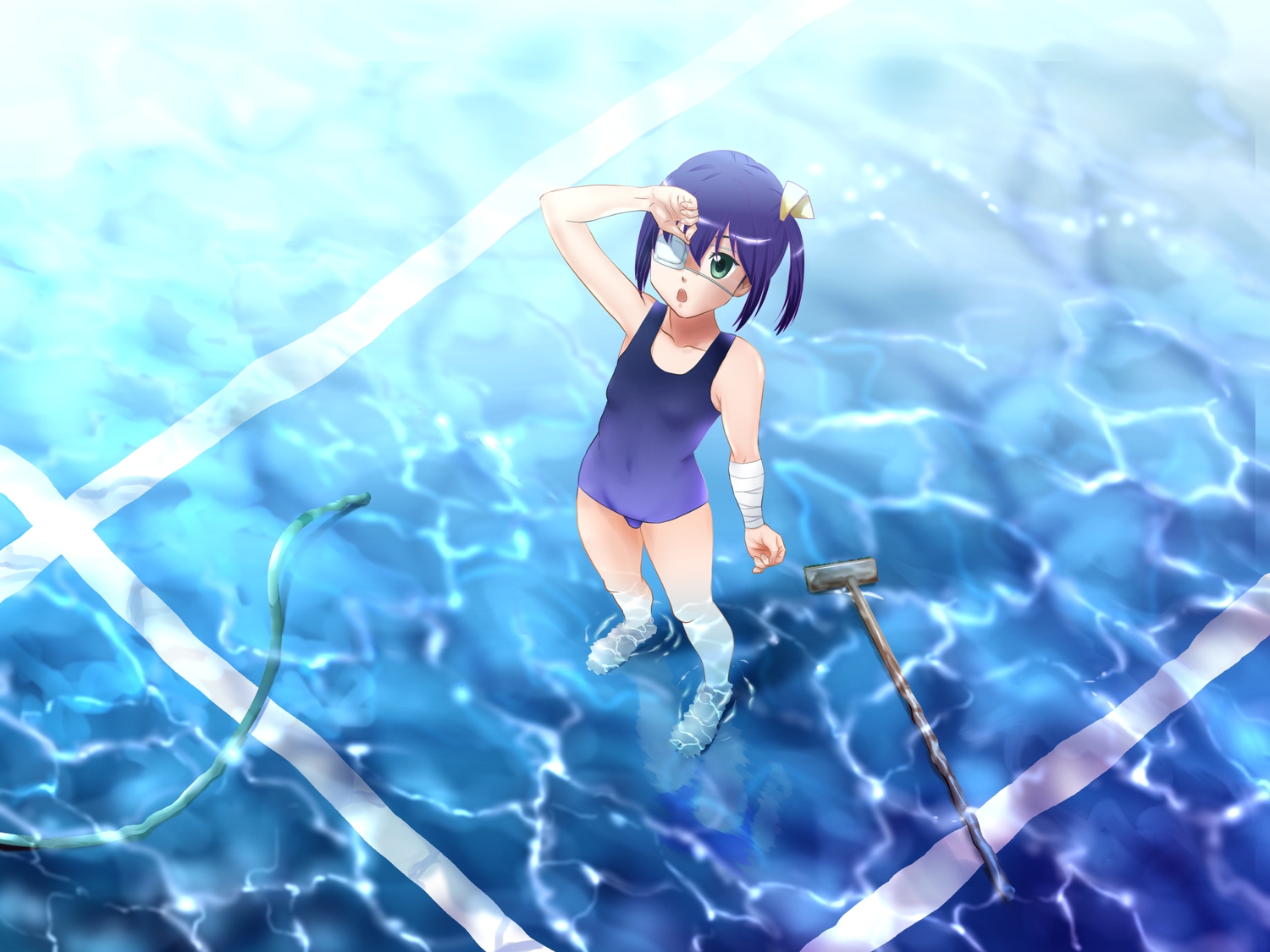 azeruma, chuunibyou_demo_koi_ga_shitai!, eyepatch, pool, school_swimsuit, swimsuit, takanashi_rikka, water