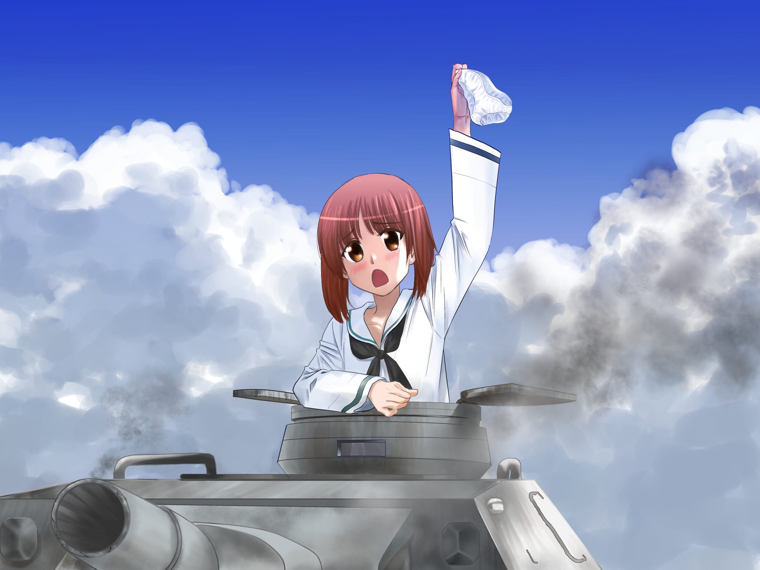azeruma, blush, brown_eyes, brown_hair, clouds, combat_vehicle, girls_und_panzer, nishizumi_miho, panties, underwear