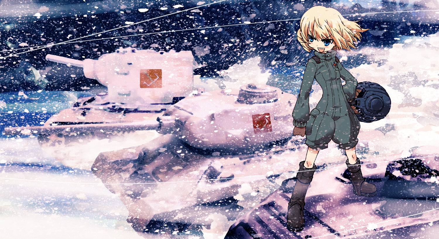 blonde_hair, blue_eyes, combat_vehicle, girls_und_panzer, katyusha, ningen_plamo, short_hair, snow, uniform