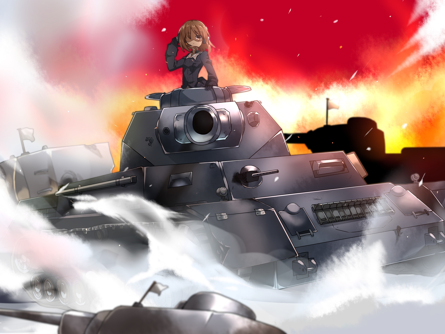 akatoro_(nightlord), brown_eyes, brown_hair, combat_vehicle, girls_und_panzer, headphones, nishizumi_miho, uniform