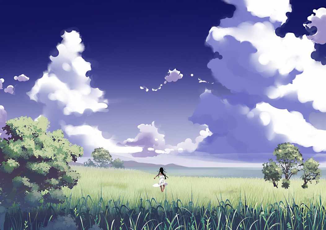 black_hair, clouds, dress, grass, landscape, long_hair, original, scenic, sky, tensugi_takashi, tree