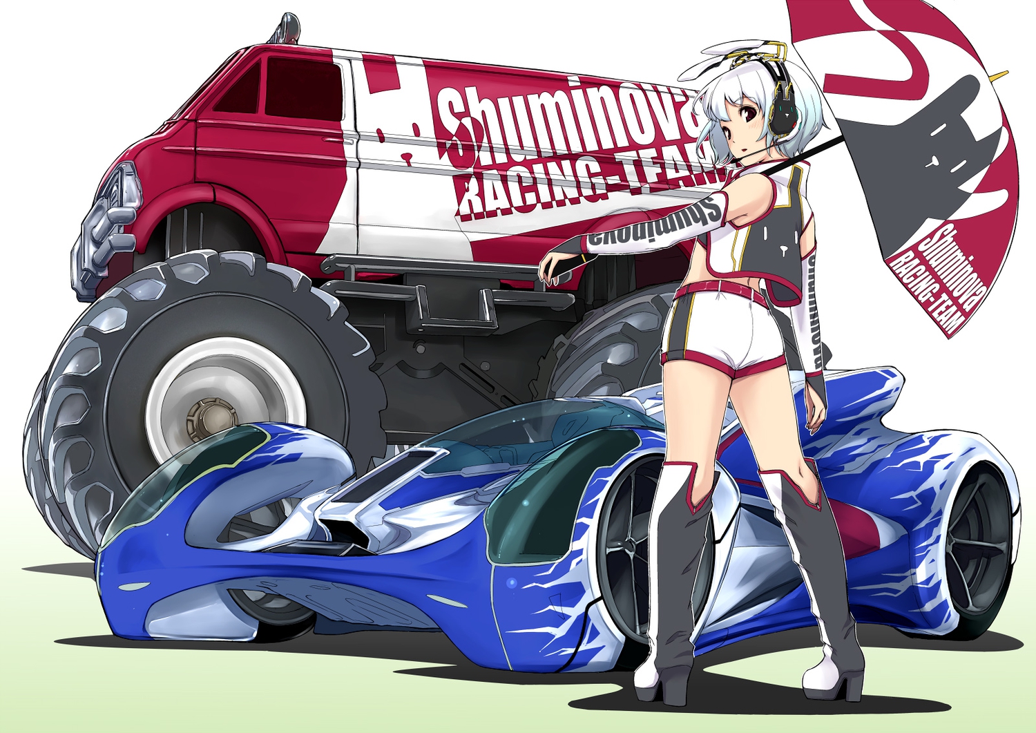 aqua_hair, boots, car, elbow_gloves, gloves, gustav_(telomere_na), headphones, original, red_eyes, short_hair, shorts, umbrella