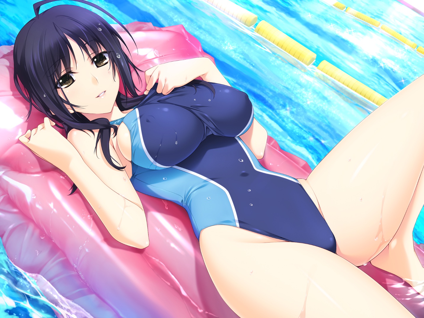 black_hair, brown_eyes, erect_nipples, game_cg, iizuki_tasuku, izumi_wakoto, lovely_x_cation, lovely_x_cation_2, pool, swimsuit, water, wet