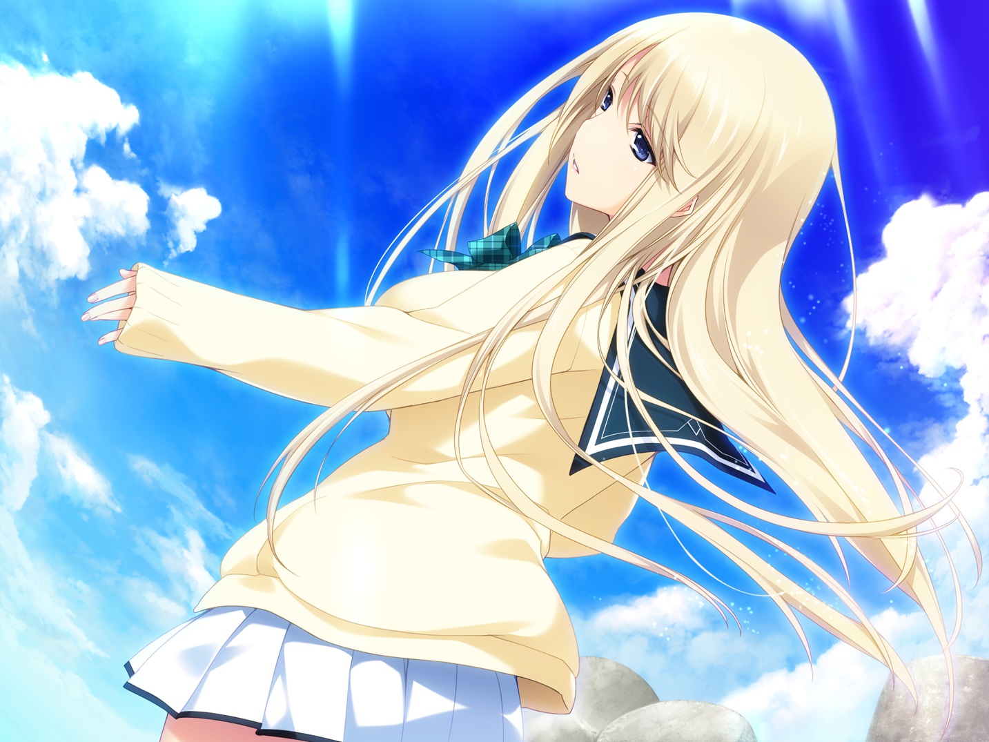 blonde_hair, blue_eyes, clouds, game_cg, iizuki_tasuku, long_hair, lovely_x_cation, lovely_x_cation_2, school_uniform, skirt, sky, yoshinoya_seine