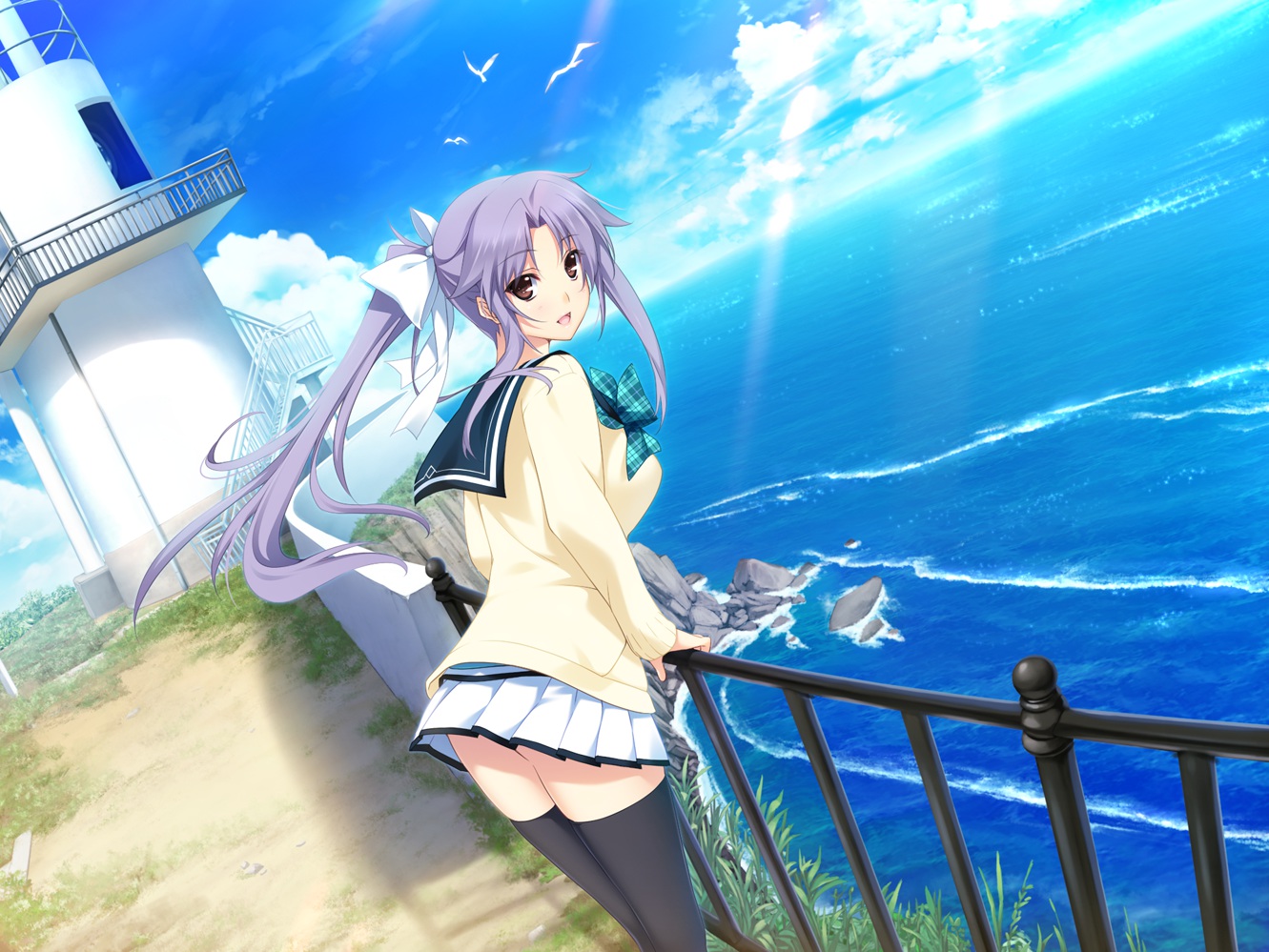animal, bird, game_cg, gray_hair, iizuki_tasuku, lighthouse, lovely_x_cation, lovely_x_cation_2