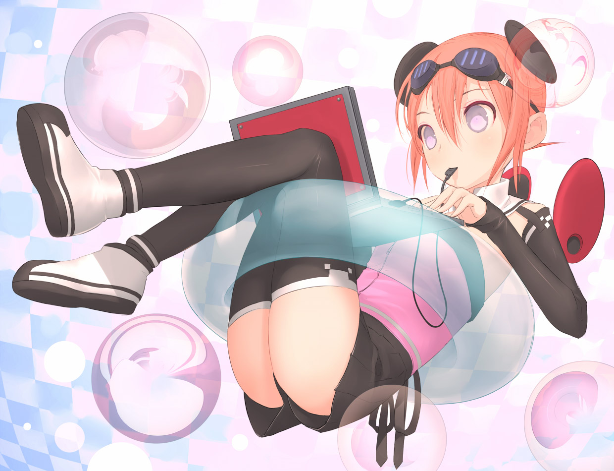 bubbles, computer, goggles, orange_hair, original, pink_eyes, skirt, thighhighs