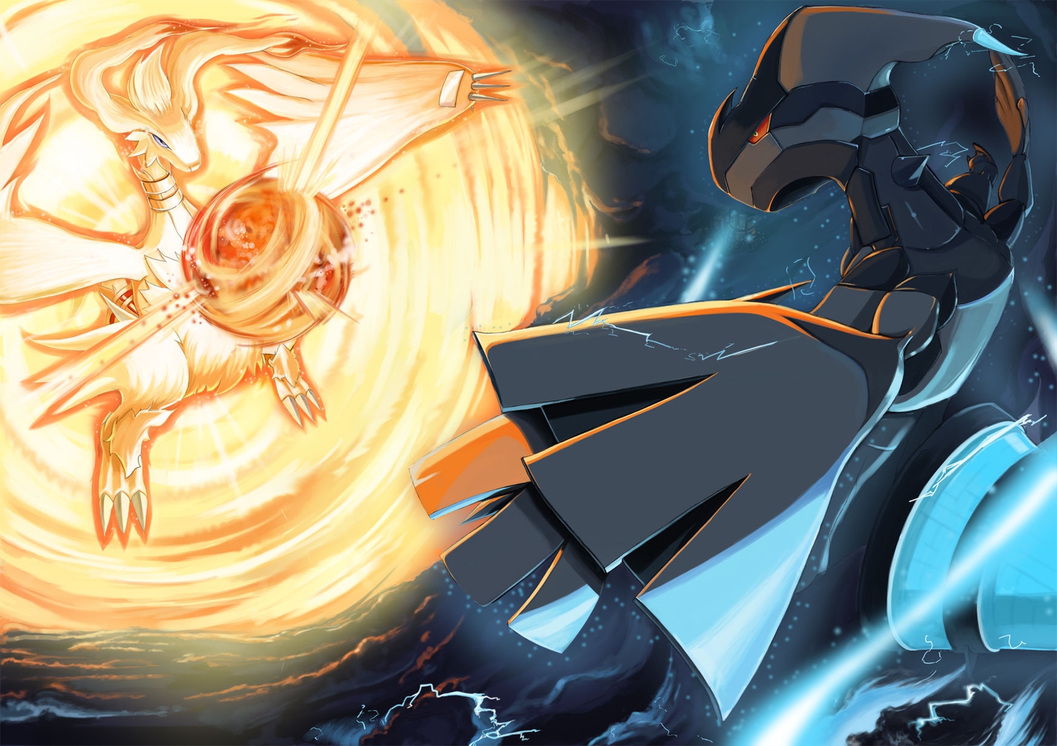 blue_eyes, fire, no_humans, pokemon, red_eyes, reshiram, sakigaki, wings