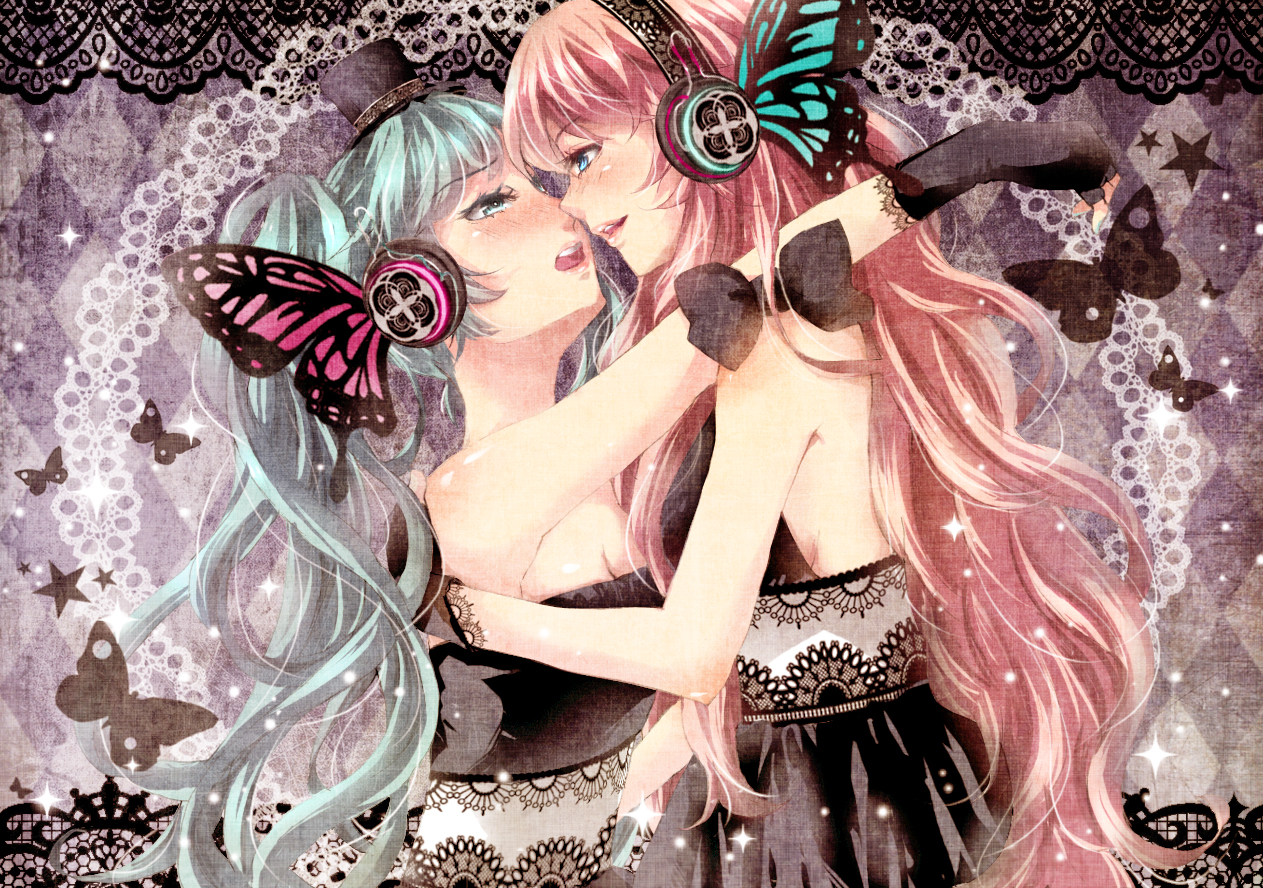 2girls, blush, gloves, hatsune_miku, headphones, hug, magnet_(vocaloid), megurine_luka, shoujo_ai, tottsuan, vocaloid