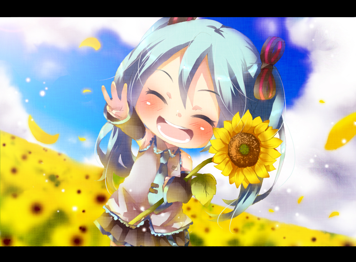 chibi, flowers, hatsune_miku, sunflower, tottsuan, vocaloid