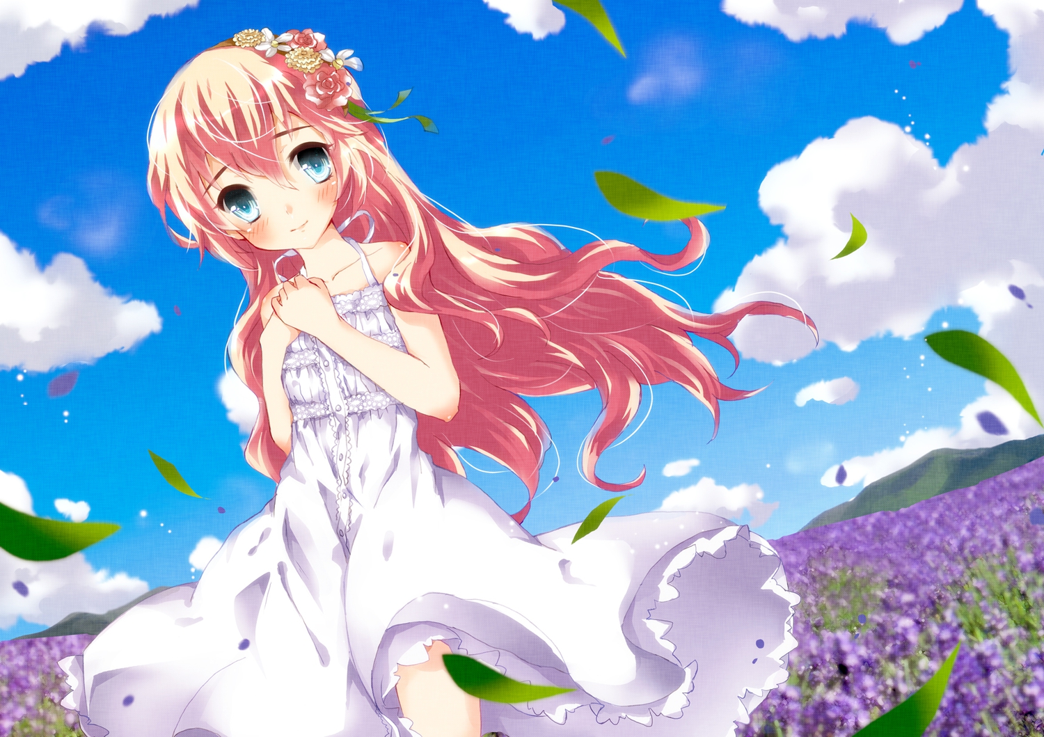 clouds, dress, flowers, leaves, long_hair, megurine_luka, pink_hair, sky
