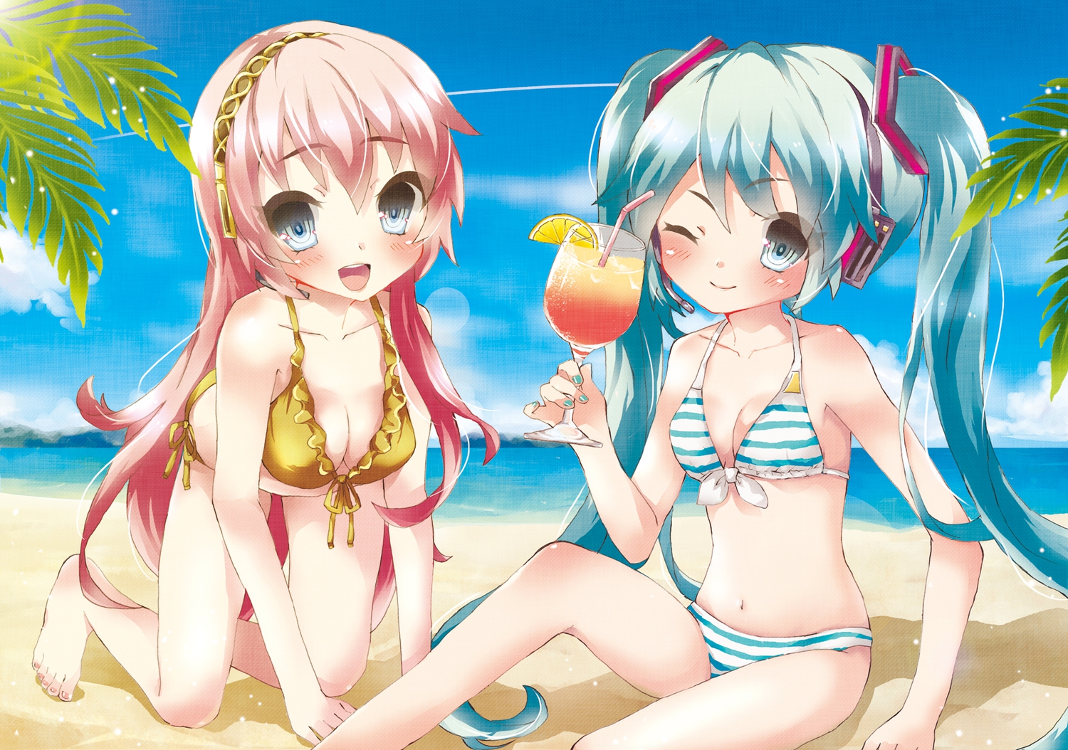 2girls, barefoot, beach, bikini, breasts, cleavage, drink, hatsune_miku, megurine_luka, swimsuit, tottsuan, vocaloid, wink