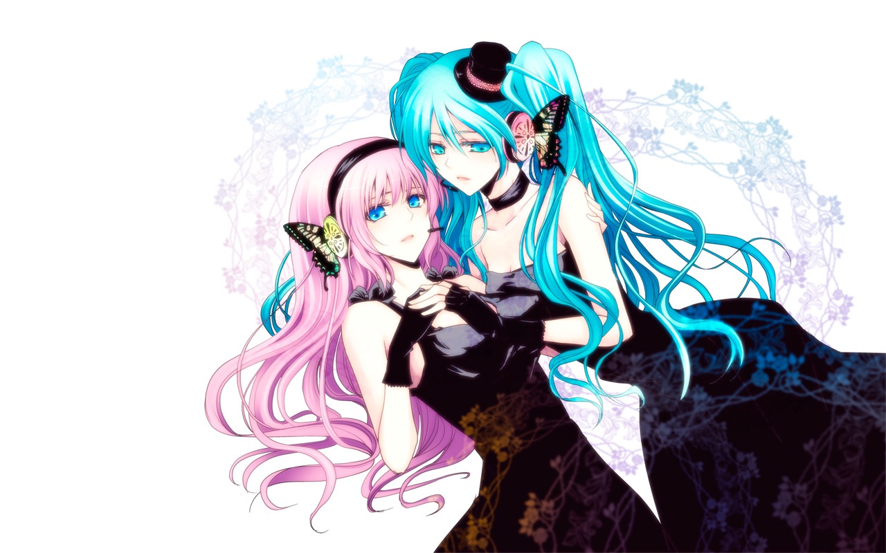 2girls, dress, gloves, hat, hatsune_miku, headphones, magnet_(vocaloid), megurine_luka