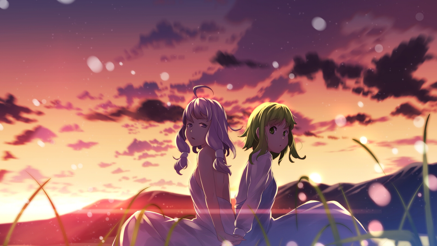 2girls, clouds, dress, green_hair, gumi, sky, sunset, vocaloid