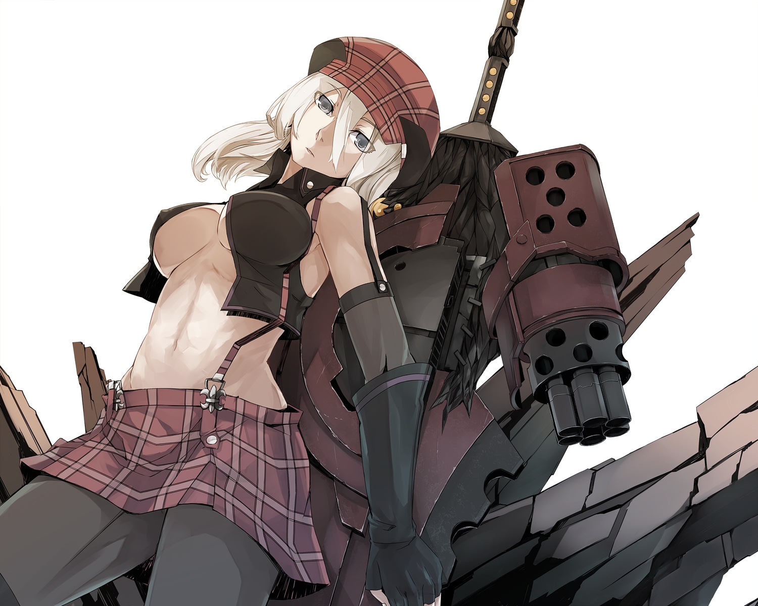 alisa_ilinichina_amiella, blue_eyes, breasts, cleavage, el-f, gloves, god_eater, gun, hat, open_shirt, skirt, stockings, underboob, weapon, white, white_hair