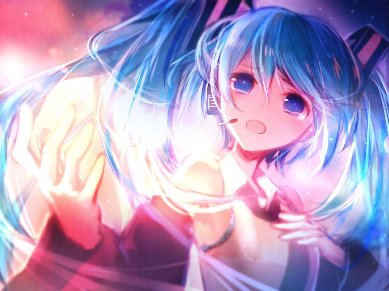 alt_(apou), blue_eyes, blue_hair, close, crying, hatsune_miku, headphones, long_hair, tears, tie, twintails, vocaloid