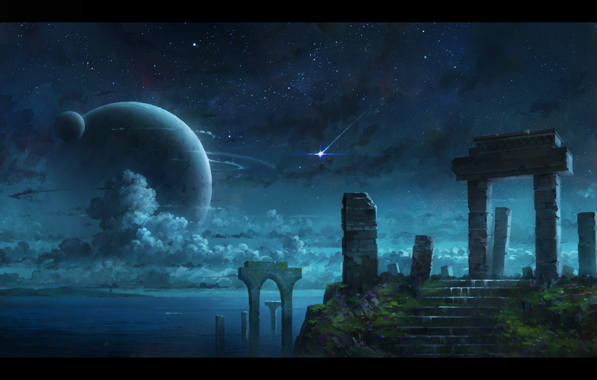 clouds, night, no_humans, original, planet, ruins, scenic, seafh