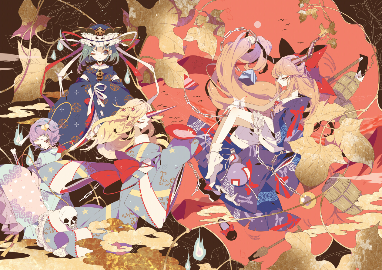 hoshiguma_yuugi, ibuki_suika, japanese_clothes, komeiji_satori, long_hair, shiki_eiki, shikimi_(yurakuru), skull