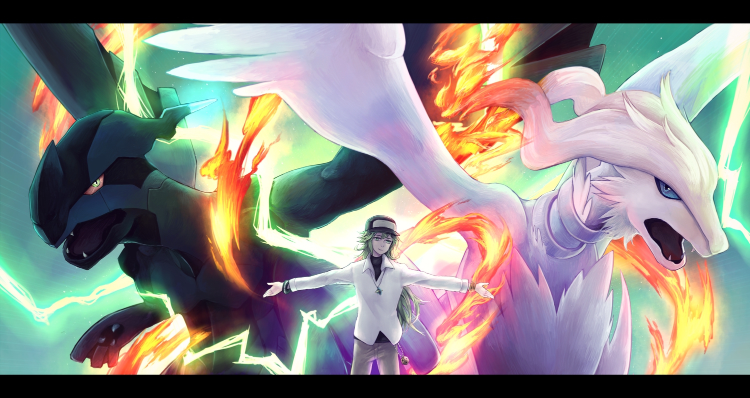 green_hair, hat, n, pokemon, rackety, reshiram, zekrom