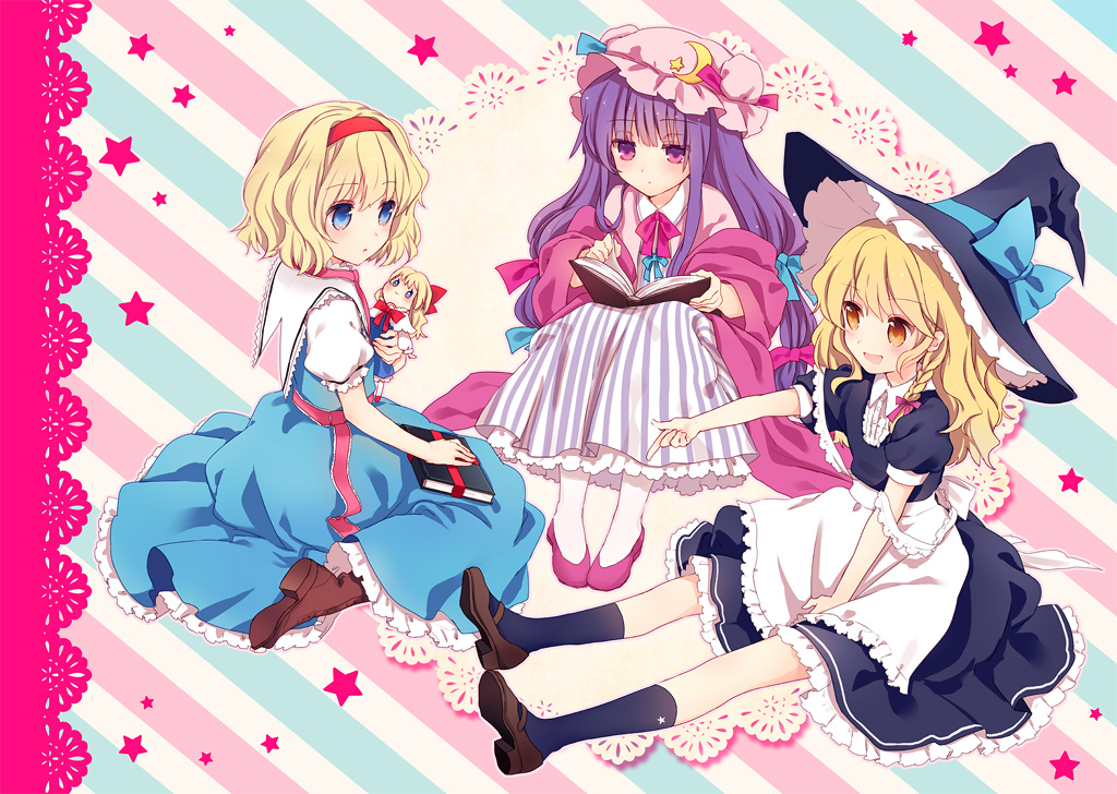 alice_margatroid, doll, dress, hat, kirisame_marisa, patchouli_knowledge, shanghai_doll, stars, torii_sumi, touhou, witch
