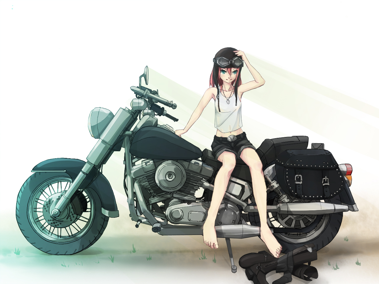 barefoot, blue_eyes, boots, el-f, goggles, motorcycle, necklace, pink_hair