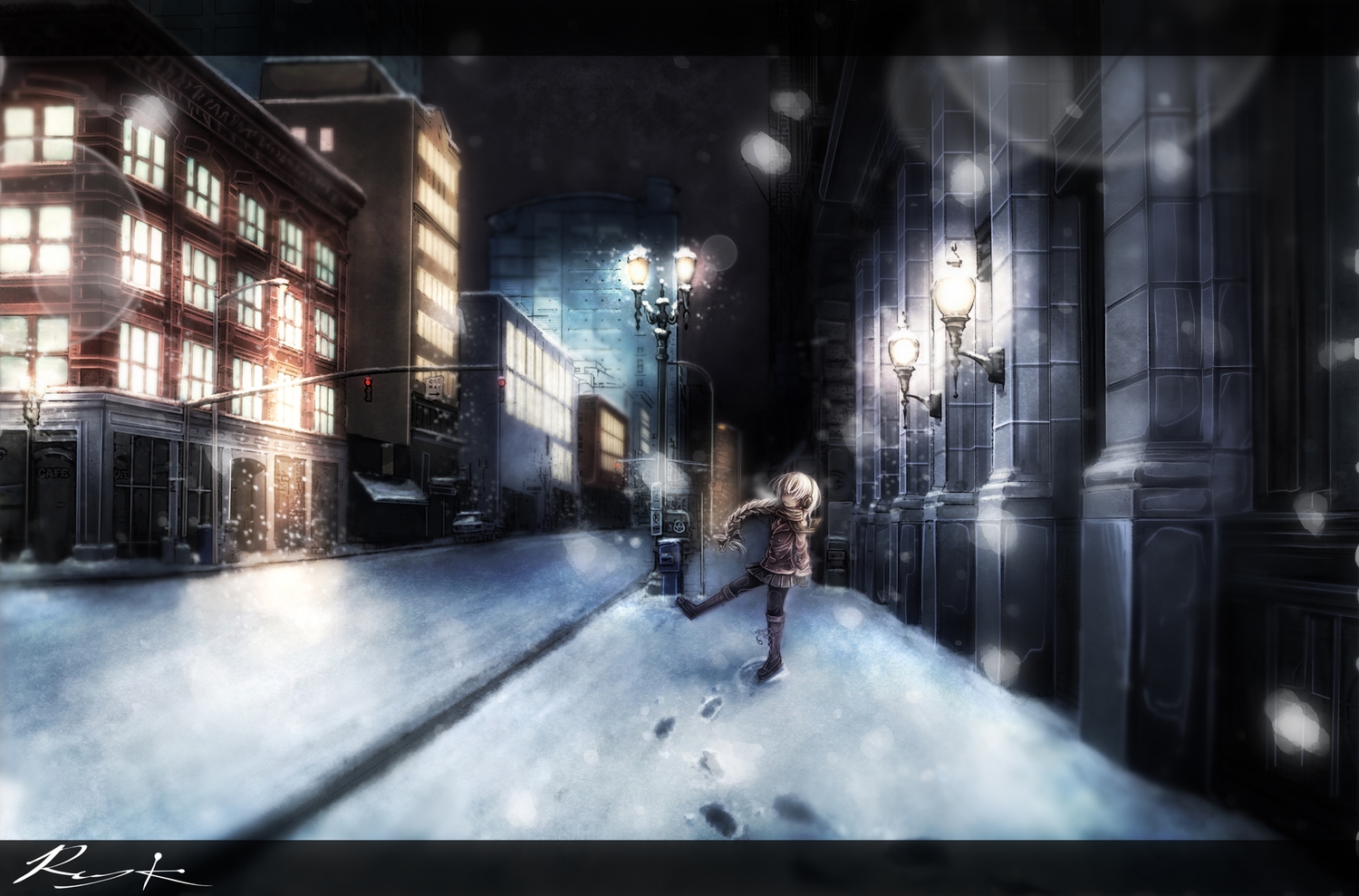 braids, night, ray-k, scarf, sekka_yufu, snow, utau