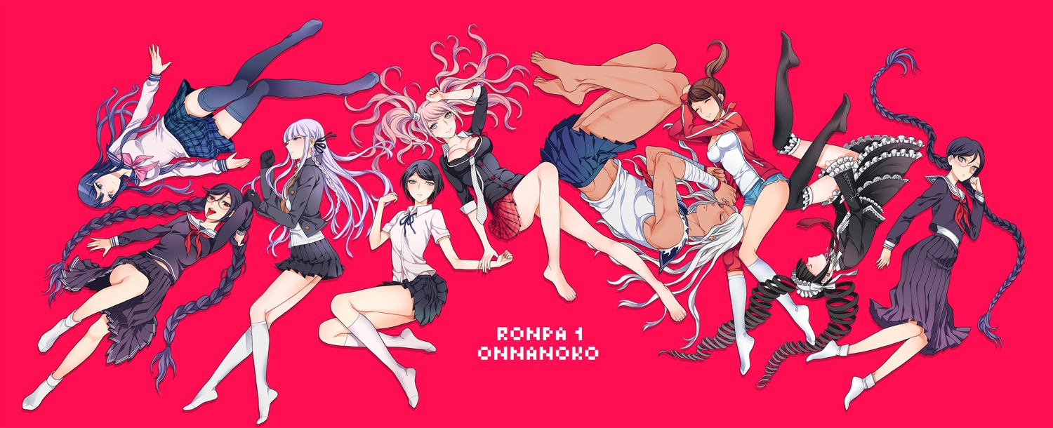asahina_aoi, barefoot, braids, breasts, celestia_rudenberk, cleavage, dangan-ronpa, dark_skin, enoshima_junko, fukawa_touko, glasses, ikusaba_mukuro, kirigiri_kyouko, kneehighs, long_hair, maizono_sayaka, ookami_sakura, socks, takase_(harakiri), thighhighs, twintails