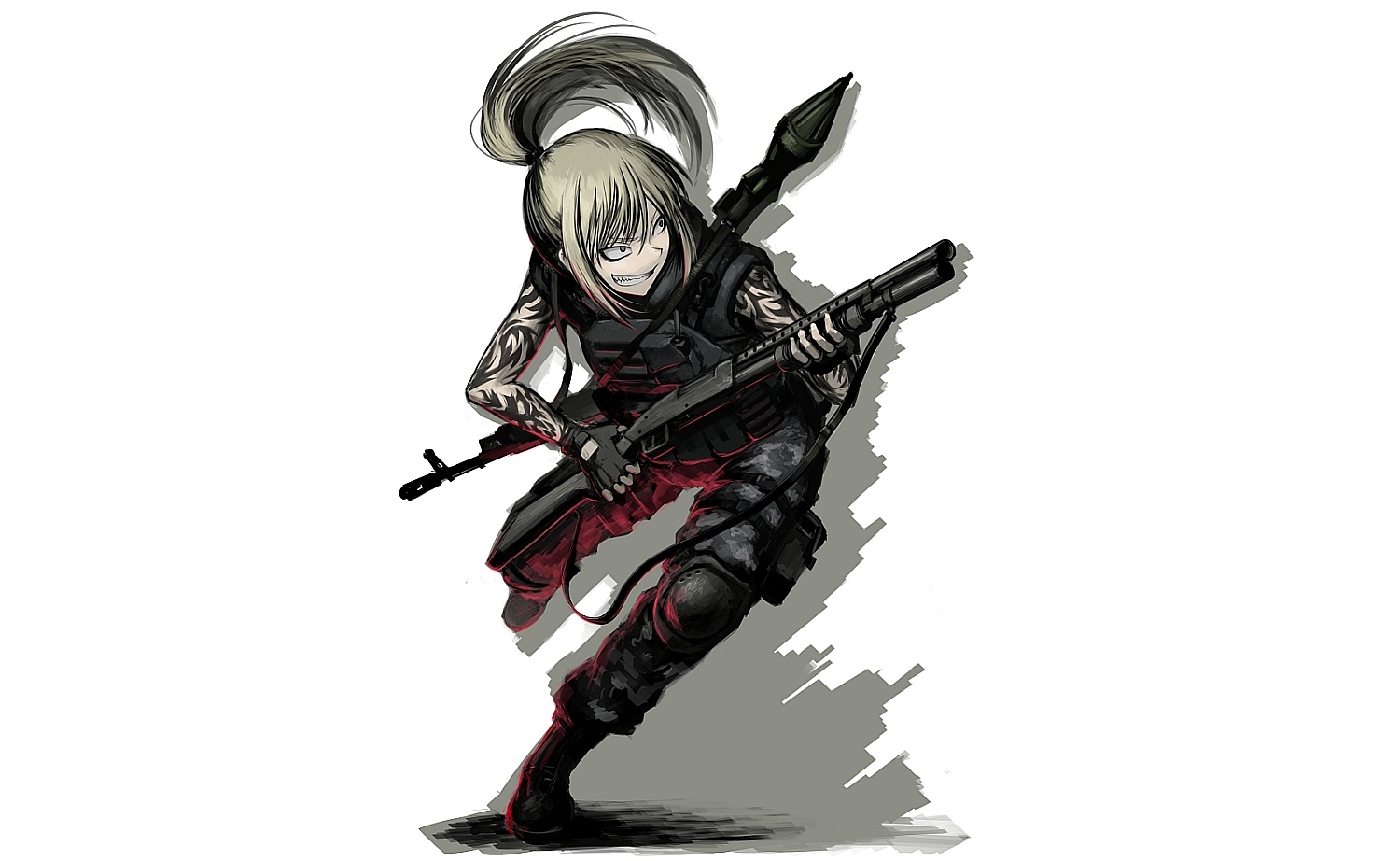 armor, blonde_hair, boots, hellshock, long_hair, original, ponytail, suzumi_(hellshock)