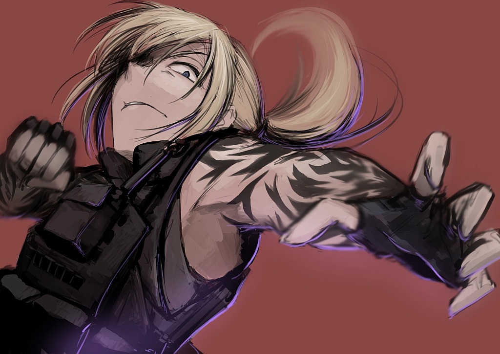 blonde_hair, blue_eyes, gloves, hellshock, long_hair, original, ponytail, punch