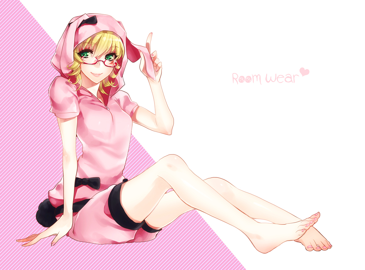 animal_ears, barefoot, barnaby_brooks_jr, blonde_hair, genderswap, glasses, green_eyes, ot-nm, tiger_&_bunny