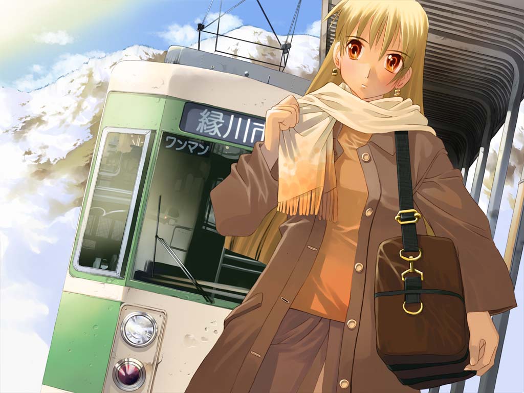 blonde_hair, coat, female, female_only, iuro, nejire, scarf, train