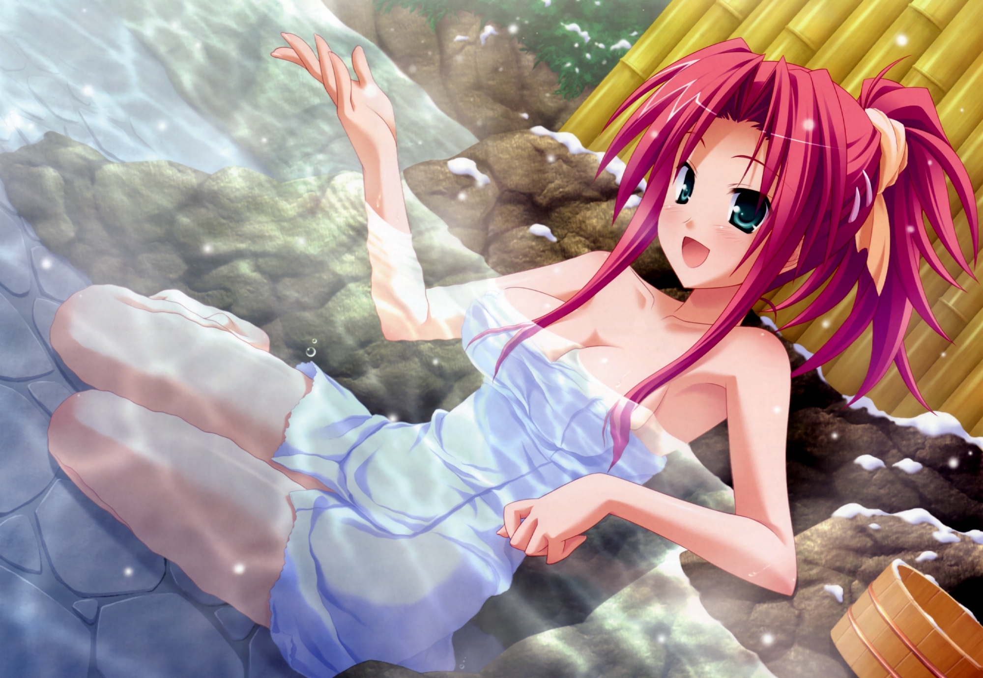 bath, blush, breasts, cleavage, green_eyes, hinata_mutsuki, onsen, pia_carrot, pink_hair, sato_hina, scan, towel