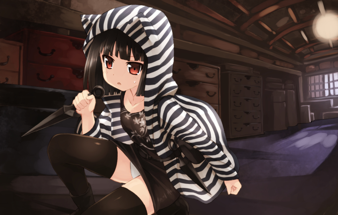 akemiho_tabi_nikki, black_hair, fukube_tamaki, hood, kouno_hikaru, panties, red_eyes, short_hair, underwear, weapon