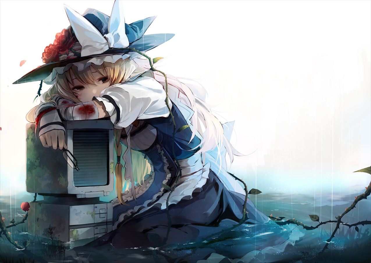 apron, bandage, blood, eho_(icbm), flowers, glasses, hat, kirisame_marisa, rain, rose, touhou, water, witch, witch_hat