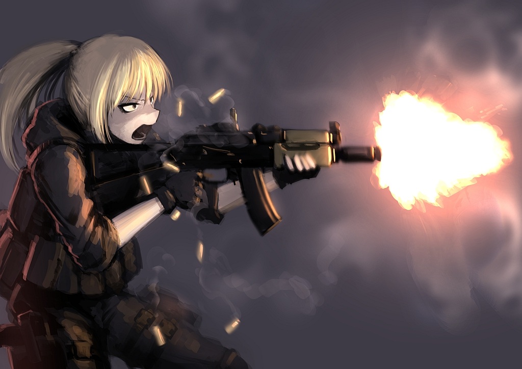 armor, blonde_hair, gloves, hellshock, original, ponytail, suzumi_(hellshock), weapon