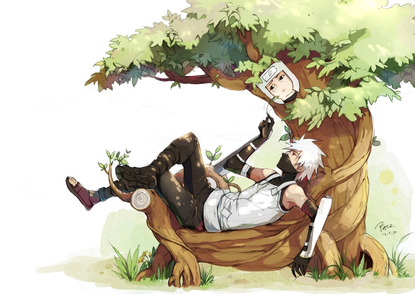 all_male, black_eyes, grass, hatake_kakashi, headband, leaves, linjie, male