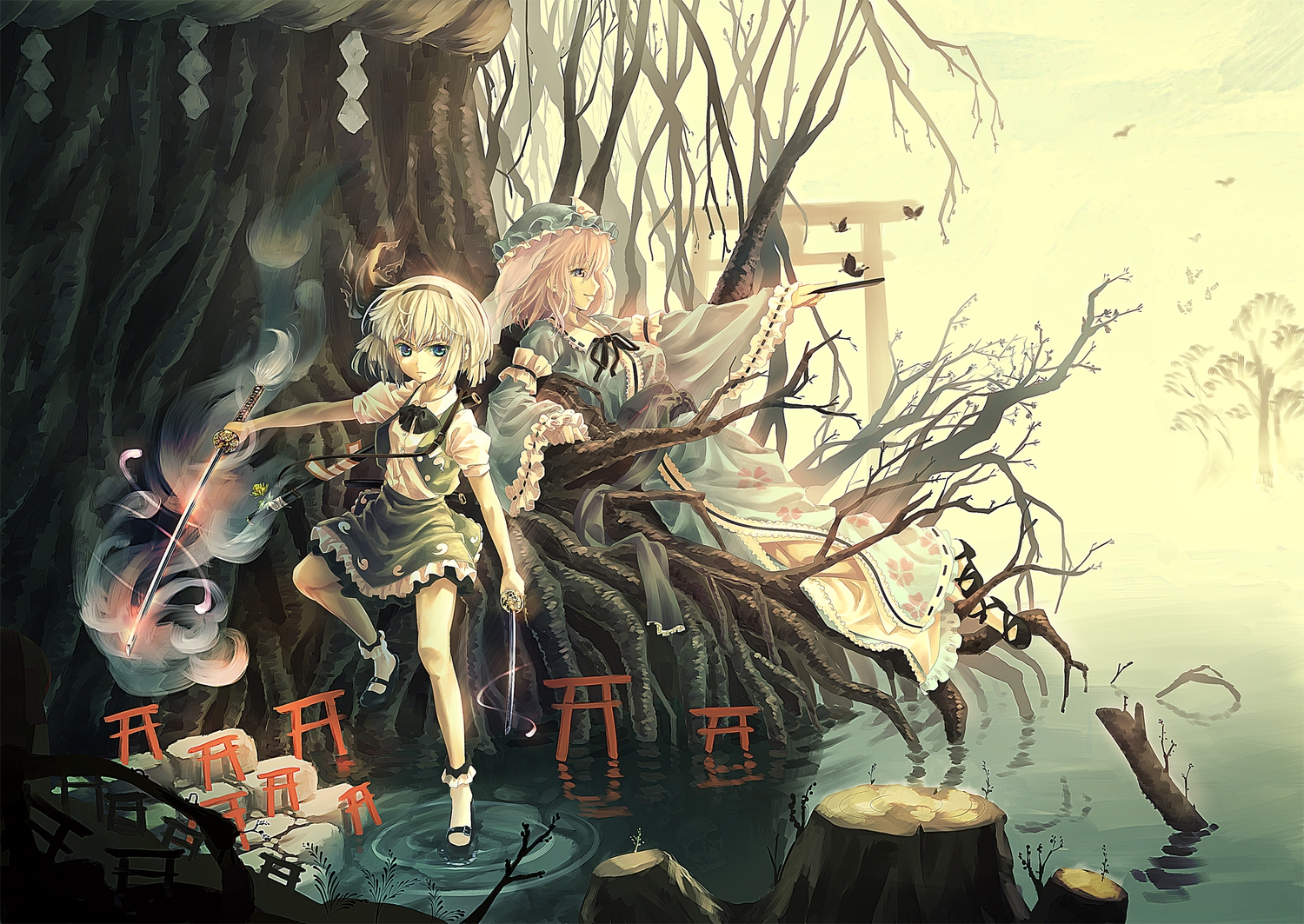 butterfly, katana, konpaku_youmu, myon, orita_enpitsu, saigyouji_yuyuko, sword, torii, touhou, weapon