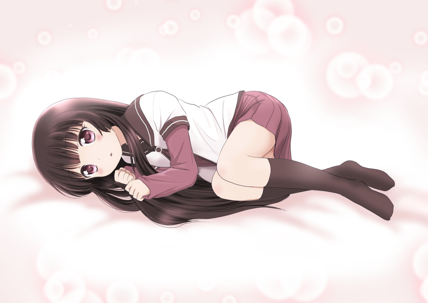 blush, brown_hair, kneehighs, matsumoto_rise, purple_eyes, school_uniform, yuru_yuri