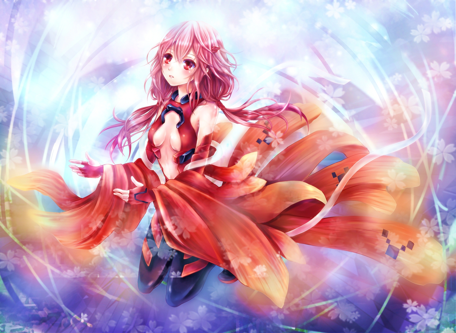 blush, breasts, cleavage, daphne_zhang, elbow_gloves, gloves, guilty_crown, long_hair, pink_hair, red_eyes, yuzuriha_inori