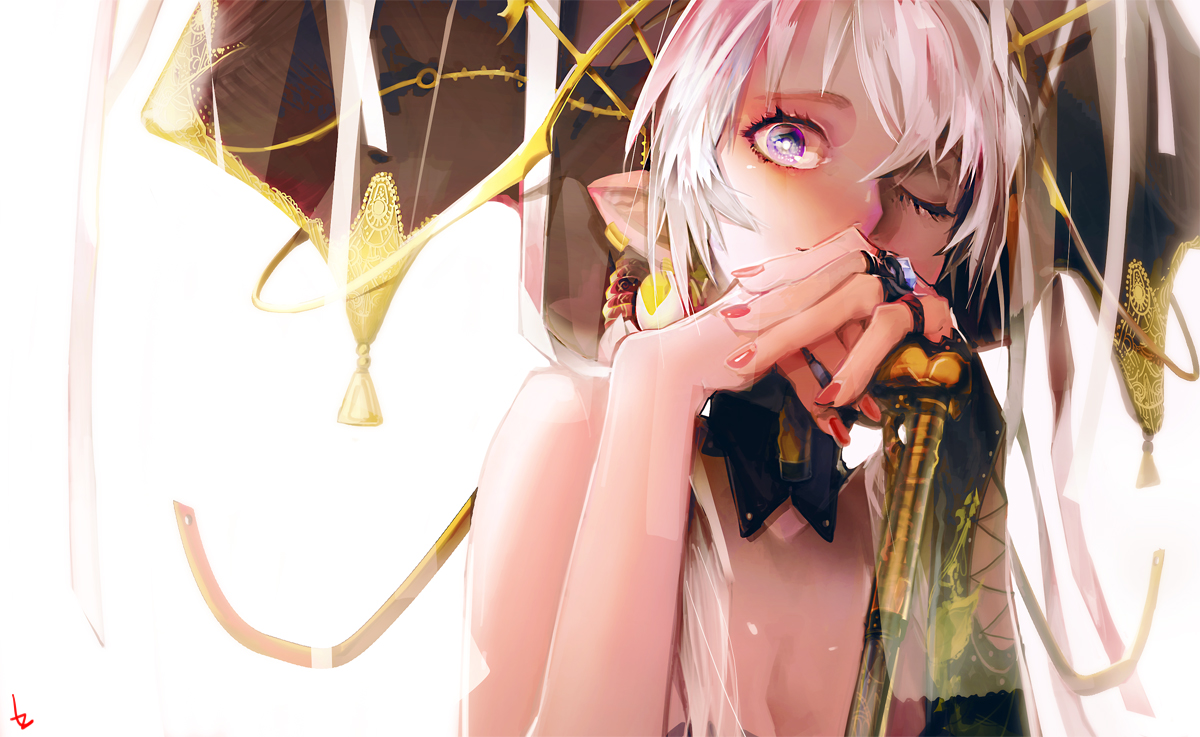 long_hair, original, pointed_ears, purple_eyes, white, white_hair, wink, zis