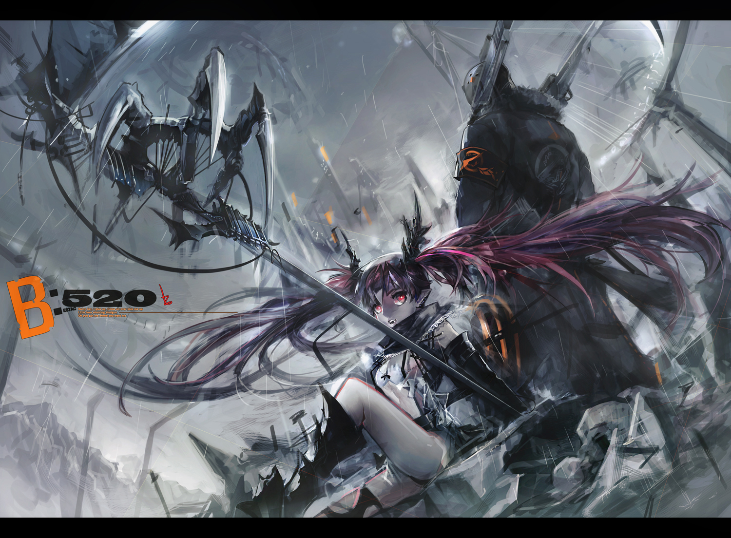 original, rain, red_eyes, twintails, water, weapon, zis