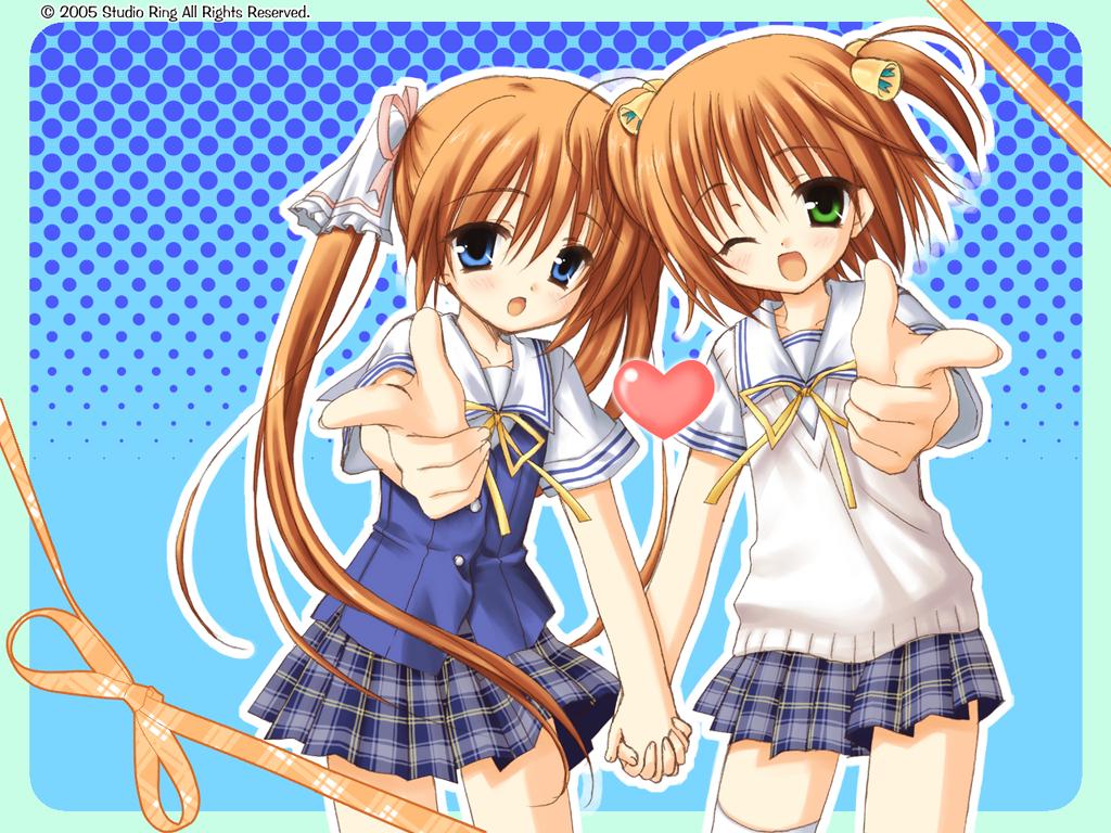 2girls, blue_eyes, brown_hair, green_eyes, hajimete_no_orusuban, heart, jpeg_artifacts, loli