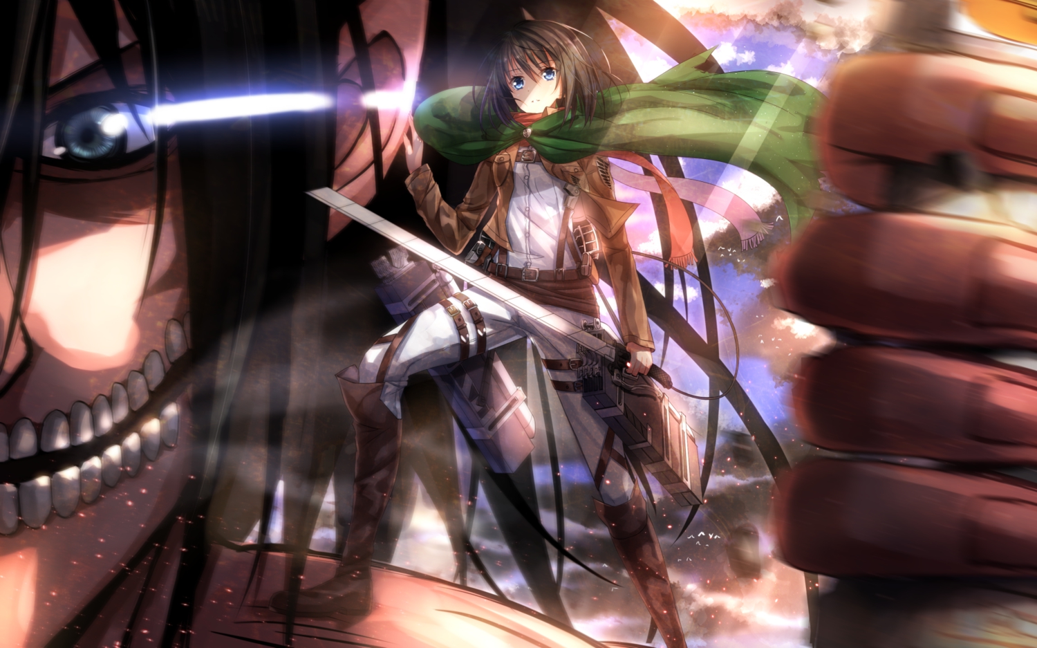 boots, cape, close, mikasa_ackerman, rogue_titan, shingeki_no_kyojin, sword, swordsouls, weapon
