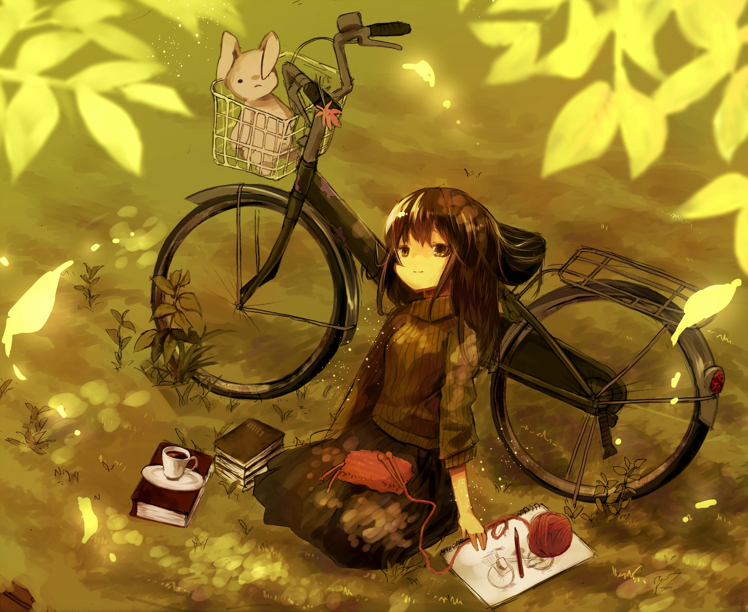 aiharafu, bicycle, book, doll, grass, leaves, original