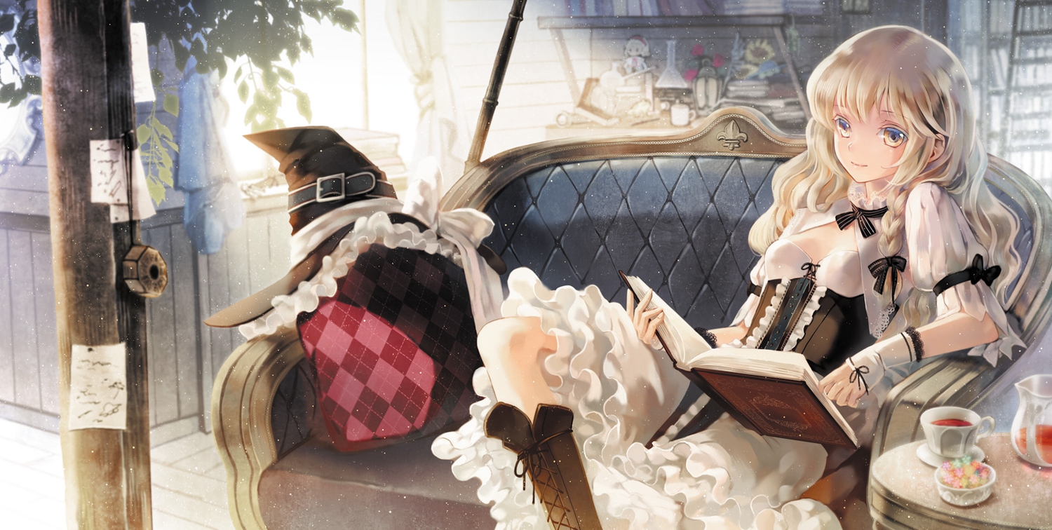 alice_margatroid, blonde_hair, book, boots, braids, doll, dress, drink, hat, kirisame_marisa, long_hair, miyuki_ruria, paper, ribbons, touhou, witch, witch_hat, wristwear, yellow_eyes