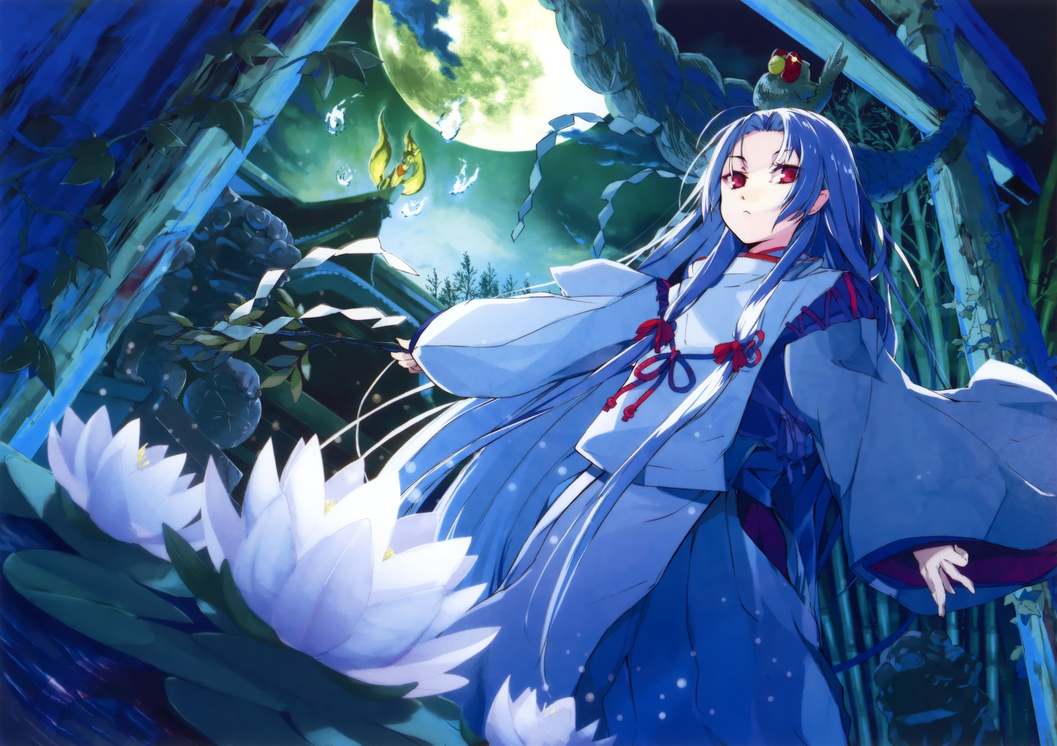 blue_hair, flowers, g_yuusuke, japanese_clothes, long_hair, miko, moon, night, original, red_eyes, torii