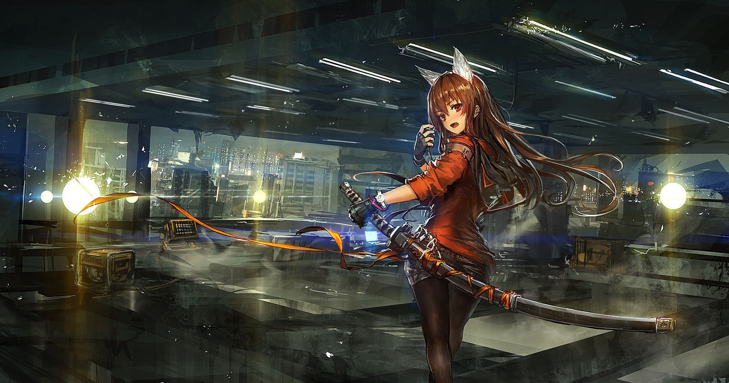 animal_ears, brown_hair, building, city, jpeg_artifacts, katana, lm7_(op-center), original