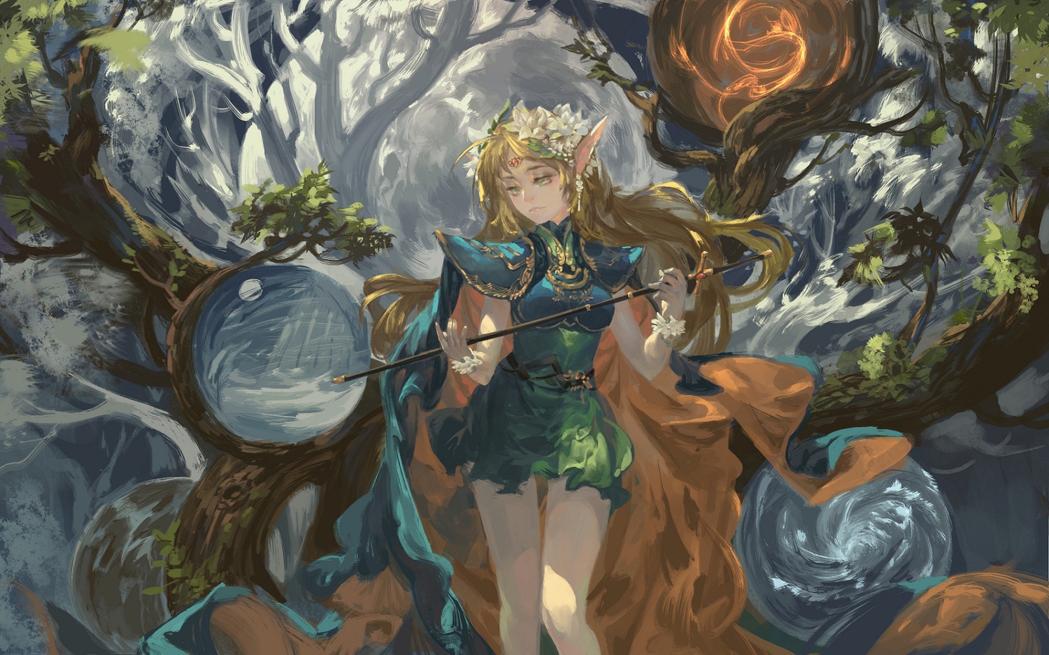 alcd, brown_hair, cape, deedlit, dress, long_hair, pointed_ears, record_of_lodoss_war
