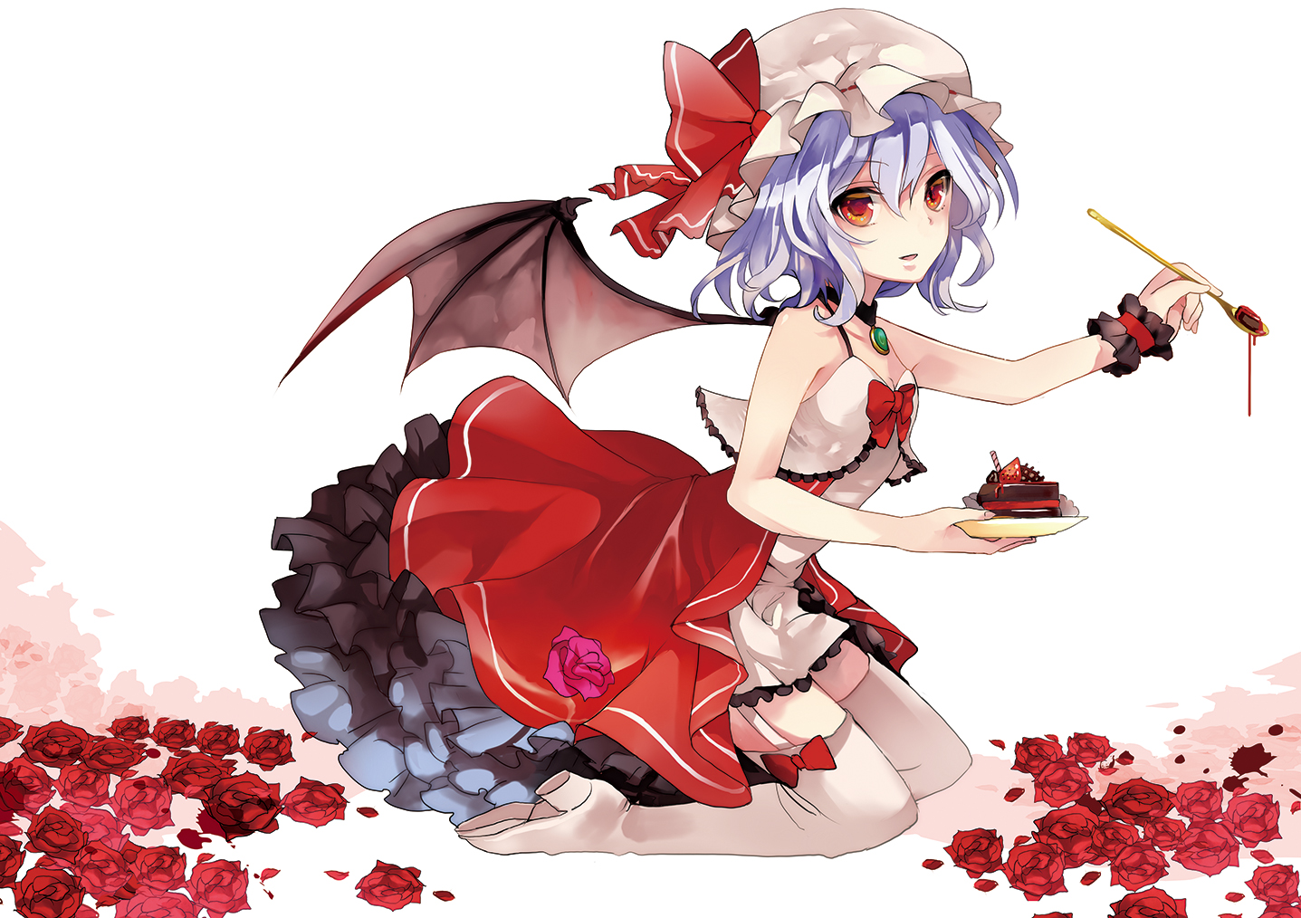 blue_hair, cake, dress, flowers, food, garter_belt, hat, musou_yuchi, remilia_scarlet, rose, touhou, vampire, wings