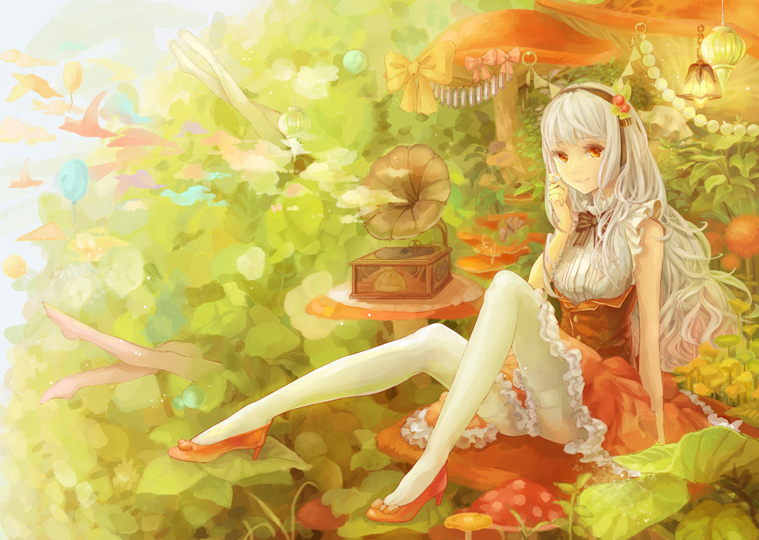 animal, bird, gray_hair, leaves, original, piyotama, red_eyes, skirt, thighhighs, white_hair