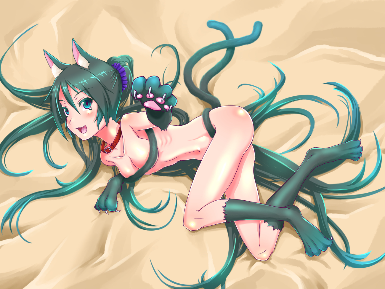 animal_ears, aqua_eyes, aqua_hair, blush, catgirl, collar, fang, hatsune_miku, nude, oonishi_shunsuke, tail, vocaloid